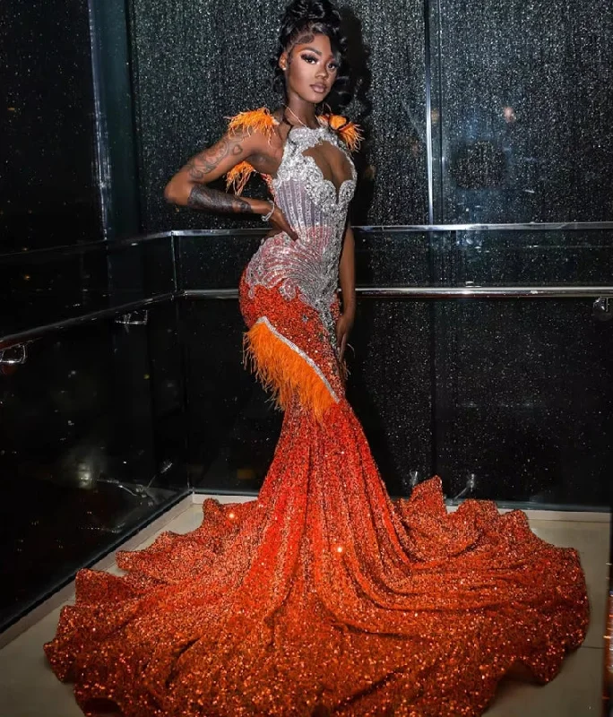 chic shift dressOrange Mermaid Prom Dress Sequins Crystal Rhinestones Beading Elegant Evening Gown 2024 Luxury Birthday Dress Feather