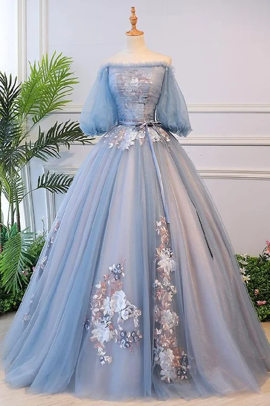 midi dressUnique blue tulle lace long prom dress, blue evening dress  S13770