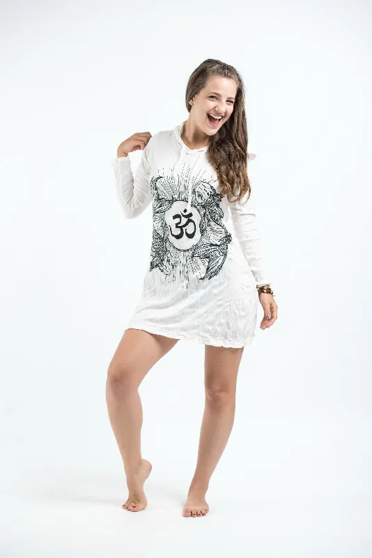 Stock Clearance Womens Om and Koi Fish Hoodie Dress in White