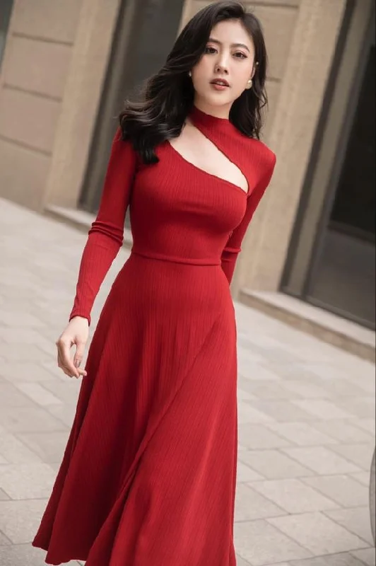 Today Only long sleeve dressRed A-line Long Sleeves Prom Dress,Red Party Gown Y7096