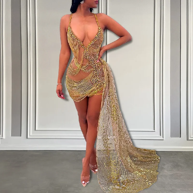 draped dressBlack Girls Golden Sexy See Through Birthday Party Gowns Women Sparkly Beads Short Prom Dress with Glitter Lace Side Train