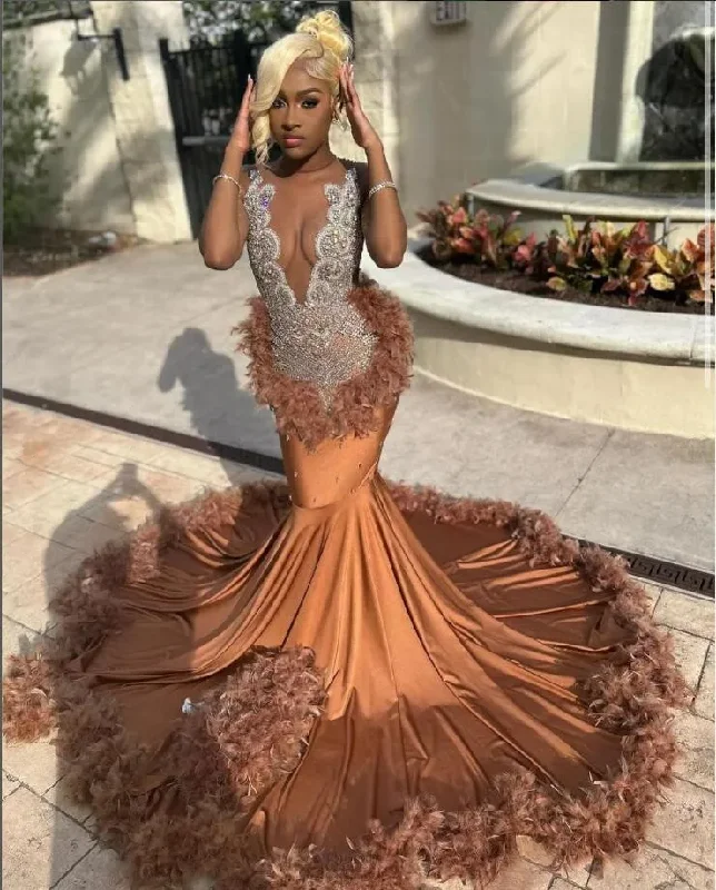 lace dressBrown Long Mermaid Evening Birthday Gala Dresses for Black Girl Luxury Diamond Crystal Feather Prom Ceremony Party Dress