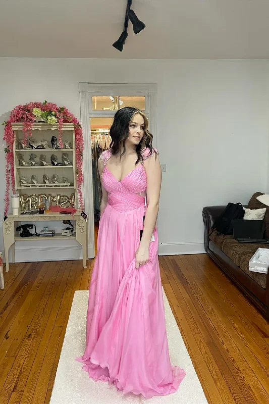 Super Deal lace dressPink Pleated Chiffon A-line Long Prom Dress