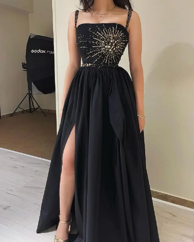 textured dressA-line Black Satin Prom Formal Dress With Pockets High Side Slit Party Gowns Long Beading Sleeveless Evening Dress