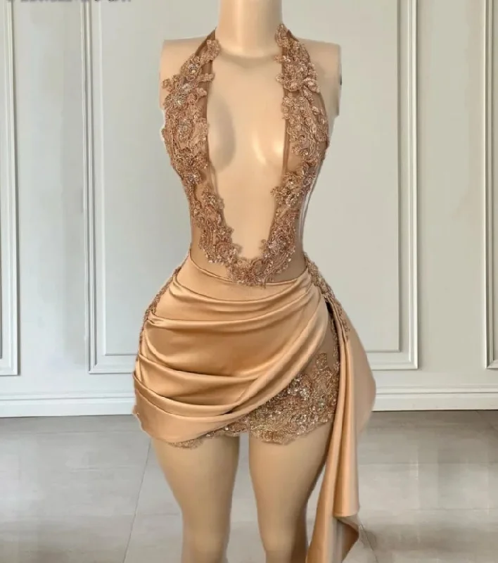 Closeout Sale casual shift dressRose Gold Short Prom Dress For Women Halter Birthday Dresses For Your Birthday Beading Party Gowns Vestidos De Graduación