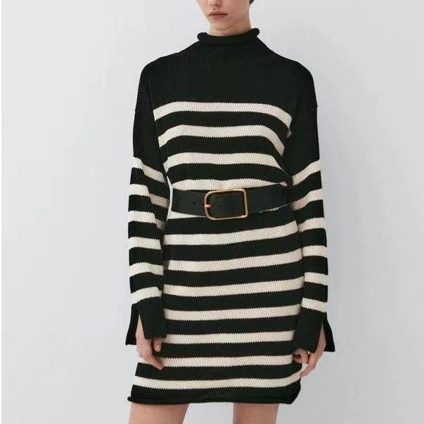 flowy evening dressAutumn Slim-Fit Striped Turtleneck Knit Dress