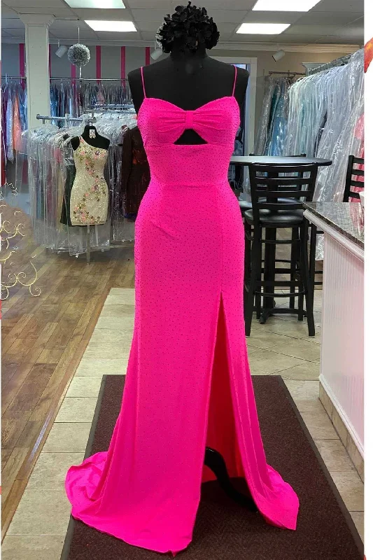 chic wrap dressHot Pink Beaded Keyhole Straps Mermaid Long Formal Dress with Slit