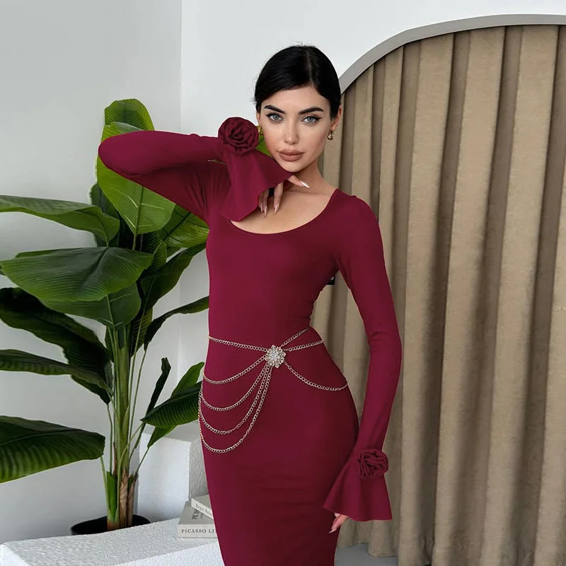 Discount Extravaganza sleek midi dressRound Neck Rose Long Sleeve Dress Women