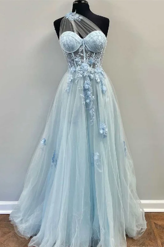 knit dressOne-Shoulder Light Blue Tulle 3D Floral Lace A-Line Prom Dress