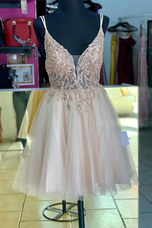 chic slip dressRose Gold Straps Deep V Neck Appliques Tulle Homecoming Dress