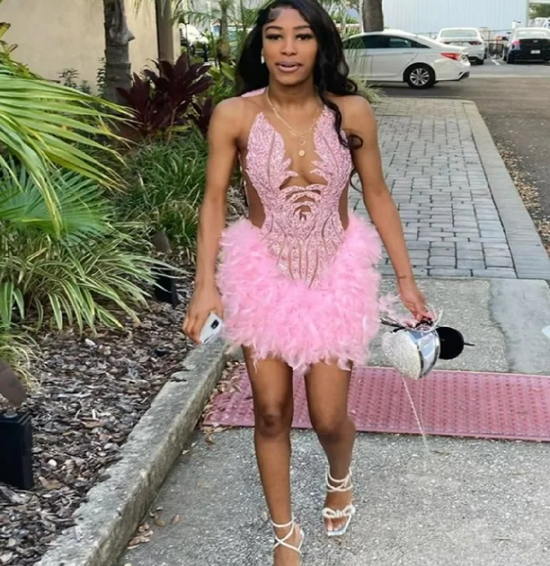 classic fit-and-flare dressUnique Pink Feather Prom Dress 2024 For Black Girls Elegant Luxury Sheath Mini Short Cocktail Party Wear Birthday Baddie Evening