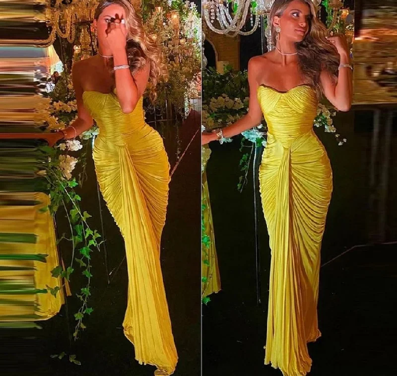 form-fitting dressBright Yellow Chiffon&Satin Pleats Long Prom Dresses Sweetheart Mermaid Floor Length Evening Gowns Women Party Dress