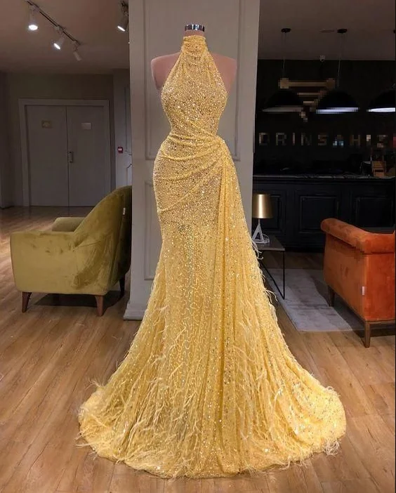 structured dressSparkly Yellow High Neck Sleeveless Sequins Evening Dress Mermaid Prom Party Dress Y7712