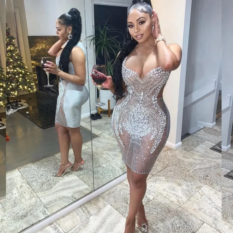 Amazing Deals casual day dressSexy See Through Prom Dresses For Black Girls Sheer Neck Sequin Party Gowns Rhinestone Birthday Outfit Beading Vestidos De Gala