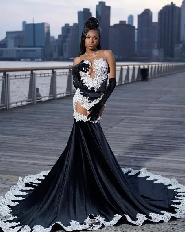 long-sleeve floral dressBlack White Mermaid Long Evening Party Dresses Sexy See Through Luxury Applique Prom Birthday Dress with Gloves Velvet