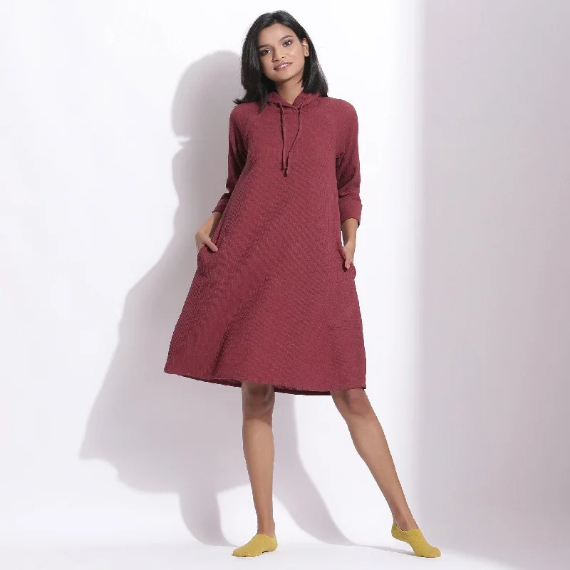 Markdown Madness Barn Red Warm Cotton Waffle Knee Length Hoodie Dress