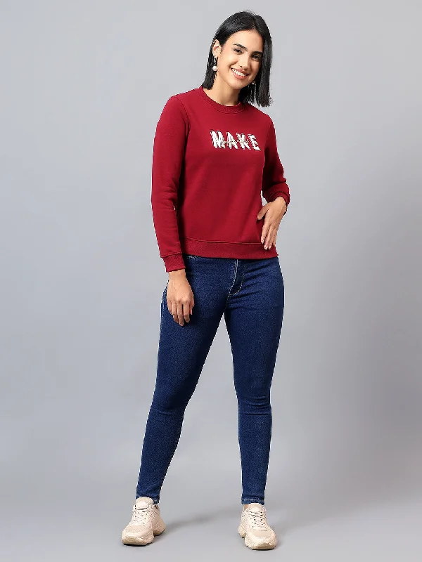Savings Bonanza fashionable gym hoodieWomen's Maroon Printed Round Neck Sweatshirt