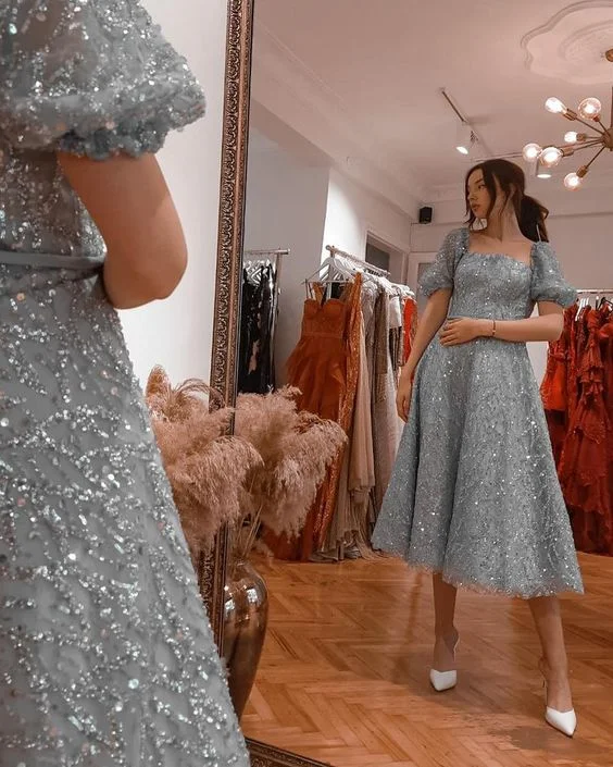 Discount Days flowy evening dressGlitter A-line Square Neckline Midi-length Prom Dress Y7129 Discount Days flowy evening dressGlitter A-line Square Neckline Midi-length Prom Dress Y7129