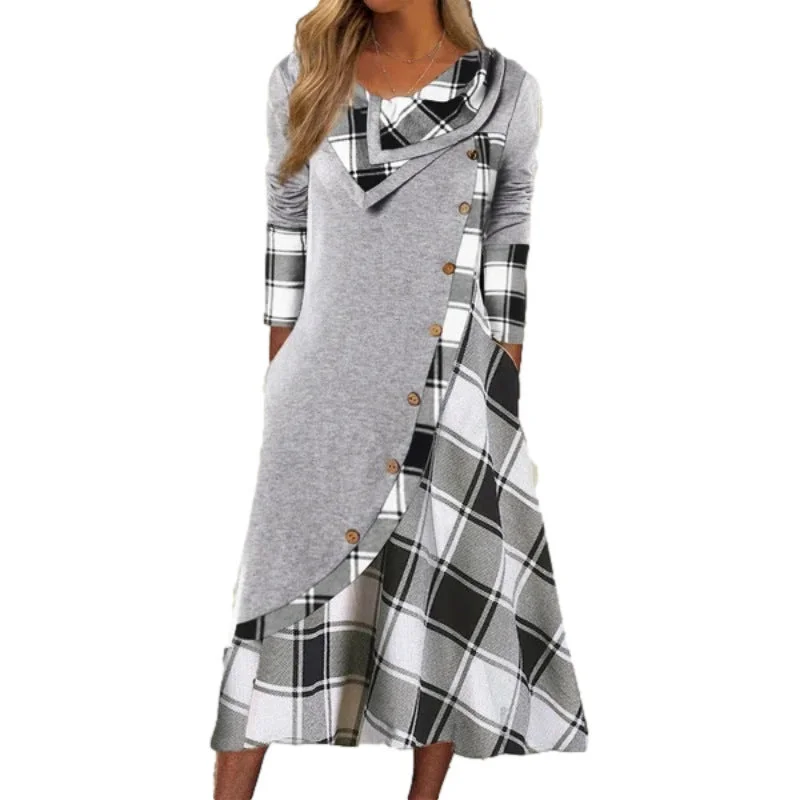 Stock Up and Save textured dressWomen's Clothing European And American Amazon Printed Plaid Stitching Button Strip Pocket Heap Collar Long Sleeves Dress