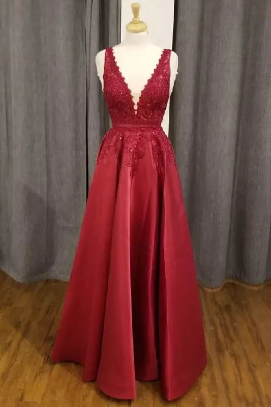 ashionable dressRed Lace Satin Plunge V A-Line Prom Dress