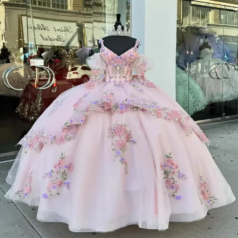 flowy dressPink Quinceanera Dresses for 16 Year 2024 Ball Gown Sexy V Neck Off the Shoulder Puff Sleeve Party Dress for Girl Vestidos De 15