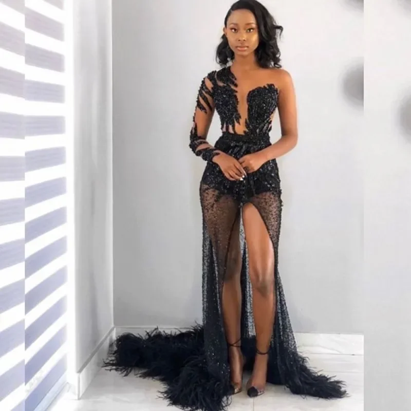 Closeout elegant dressSexy See Through Prom Dresses For Black Girls 2024 One Shoulder Mermaid Split Party Gowns Sequin Beading Vestidos De Festa