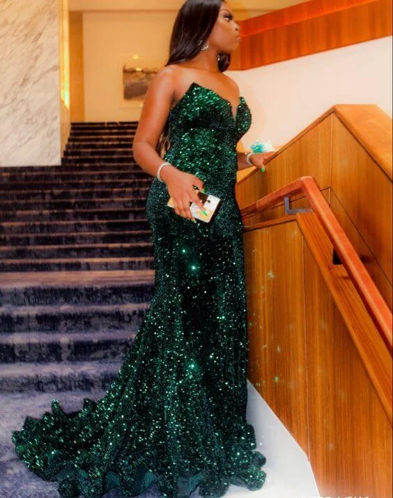 v-neck dressSparkly Sequin Green Long Mermaid Evening Dresses Black Women Y558