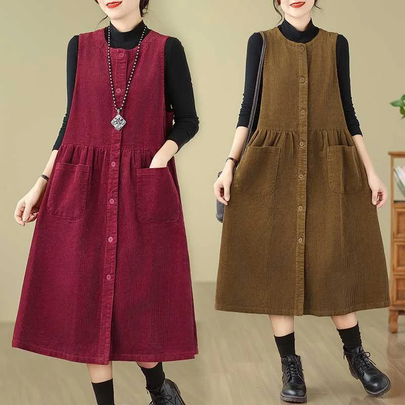 Weekend Deal wool dressCorduroy Tank Dress Loose Youthful-looking
