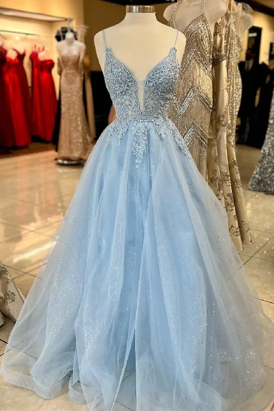 satin dressLight Blue Tulle Lace Plunge Neck A-Line Prom Dress