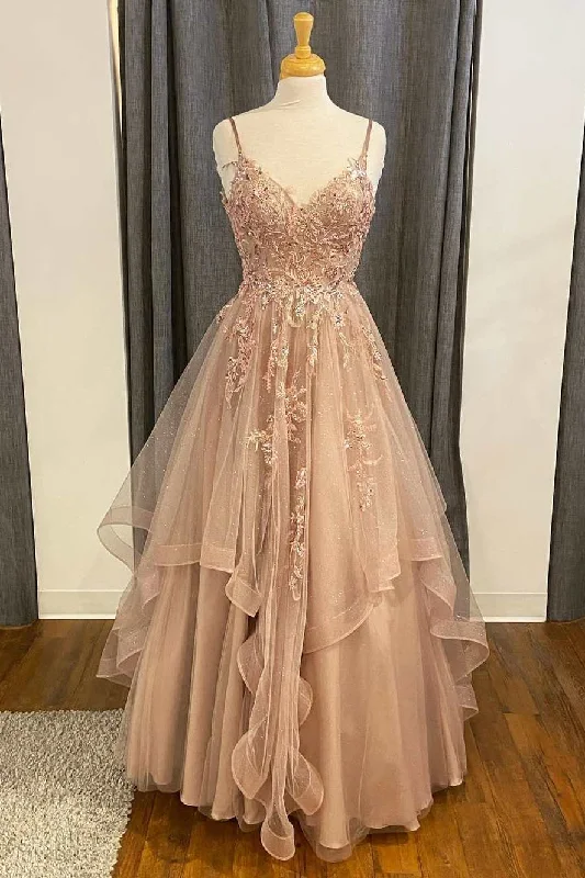 layered dressChampagne Lace Beaded V-Neck Straps A-Line Tiered Prom Dress