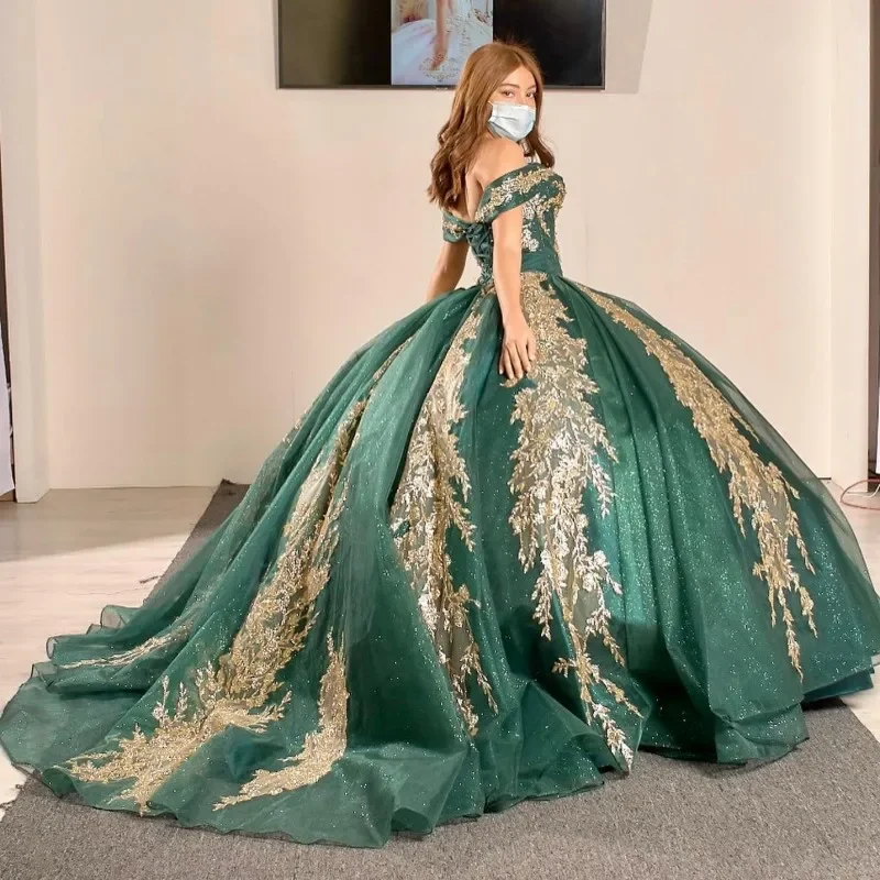 Limited Edition chic shift dressDark Green Mexican Sweet 15 Quinceanera Dresses with Gold Applique Sequin Ball Gown Prom Dress Sweep Train vestidos de xv años