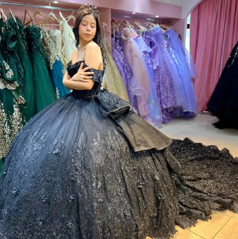 off-shoulder dressBlack Luxury Princess Quinceanera Dresses off Shoulder 3D Floral Applique Embroidery Corset