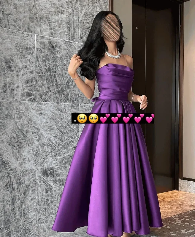 Fantastic Offers pleated dressElegant Off the Shoulder Evening Dress with Tiered Ruched A-Line Tea Length Satin Prom Dress High Quality