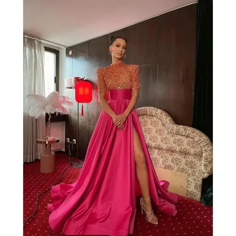 Limited Stock textured dressSatin Sequins Glitter Prom Dress with Slit High-Neck Ball Dress A Line Formal Evening Party Gown for Women Robe De Soirée Limited Stock textured dressSatin Sequins Glitter Prom Dress with Slit High-Neck Ball Dress A Line Formal Evening Party Gown for Women Robe De Soirée
