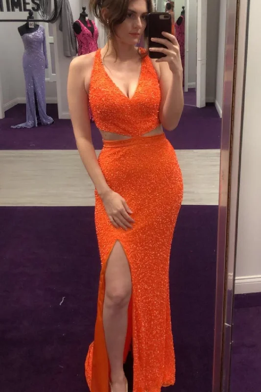 flowy dressSexy Orange Mermaid Side Slit Long Prom Dress