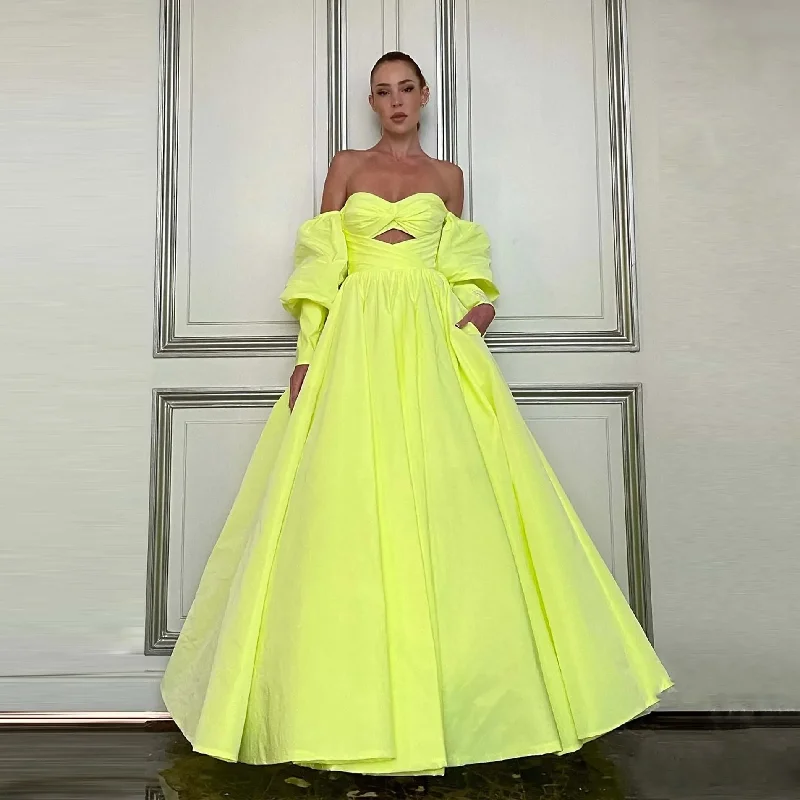 wool dressCharming Off the Shoulder Yellow Prom Dresses with Pockets Puffy Sleeves Stretch Back Ball Gown Formal Occasion Dress Party Gown