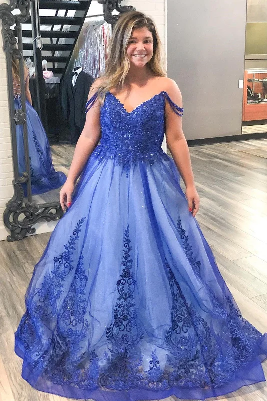 one-shoulder dressRoyal Blue Off the Shoulder Appliques Tulle Formal Dress