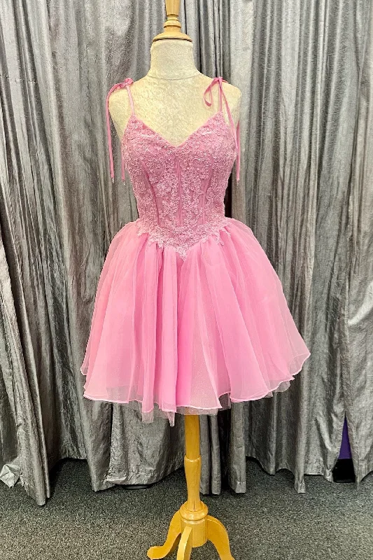 office dressPink Bow Tie Shoulder Appliques Tulle V Neck Homecoming Dress