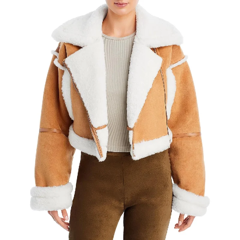Shop and Save long-sleeve winter jacketWomens Faux Fur Trim Crop Motorcycle Jacket