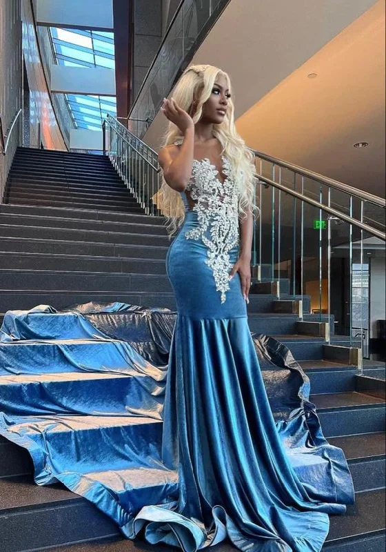 elegant dressBlue Velvet Appliques Bead Meemaid Long Prom Dress Formal Evening Dress