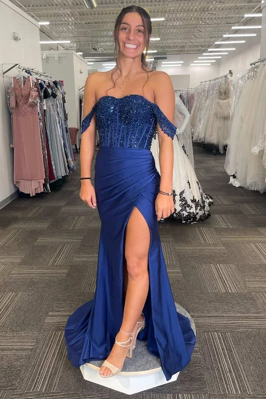 puff sleeve dressNavy Beaded Off-the-Shoulder Long Formal Dress with Slit