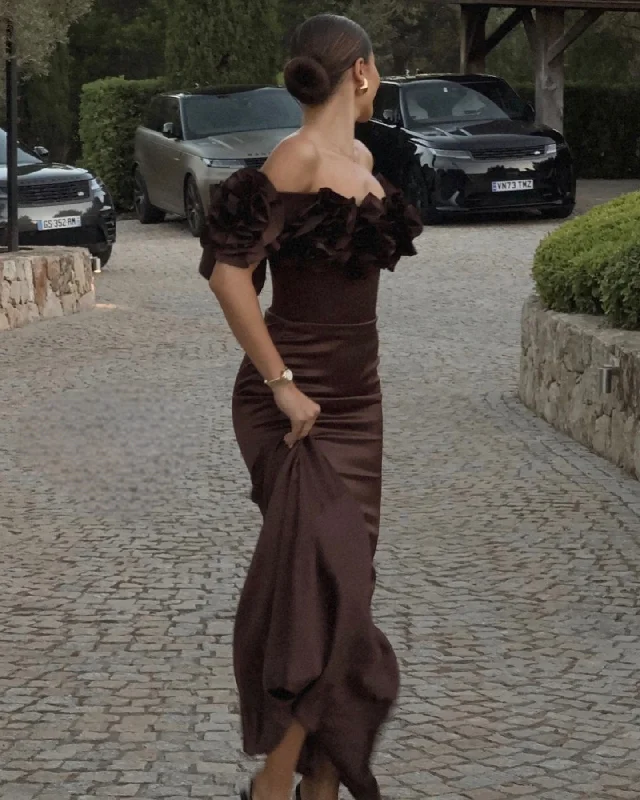 satin midi dressBrown Luxury Mermaid Evening Dress Off The Shoulder Long Prom Dress Y7592