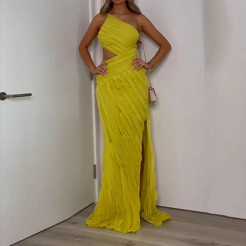 Shop and Save stylish party dressSolid Color Diagonal Collar Sleeveless Hot Girl High Slit Dress Shop and Save stylish party dressSolid Color Diagonal Collar Sleeveless Hot Girl High Slit Dress