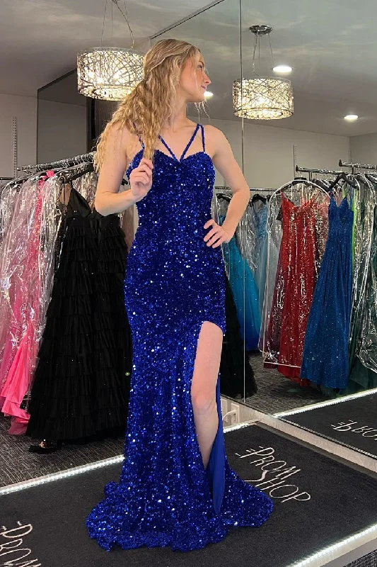 winter dressRoyal Blue Mermaid Straps Sequins Long Prom Dress with Slit