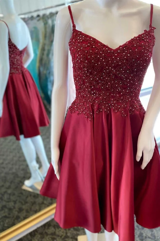 vintage dressA-Line Wine Red Beaded V-Neck Homecoming Dress