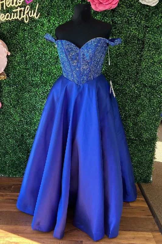 relaxed fit dressFairy-Tale Royal Blue Beaded Off-the-Shoulder A-Line Prom Dress