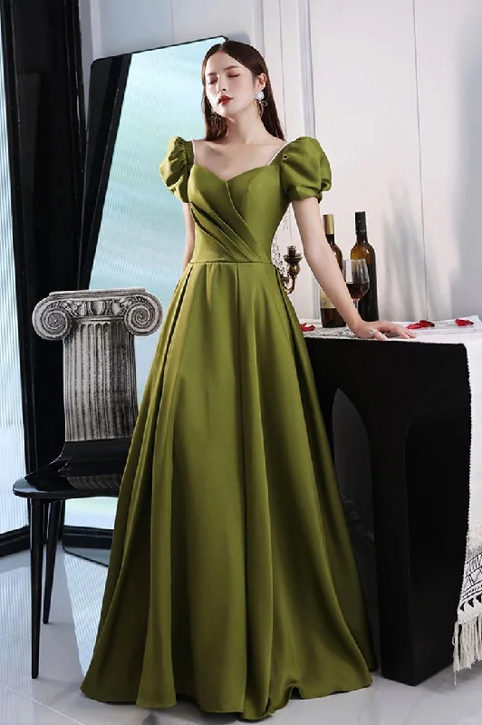 floral dressGreen Satin Long Prom Dresses, A-Line Evening Dresses Y7097