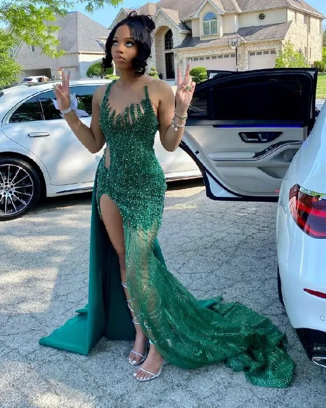 Price Break winter dressEmerald Green Mermaid Black Girl Prom Dress Sparkly Diamond Crystal Slit Birthday Party Gown vestidosa de boda invitada