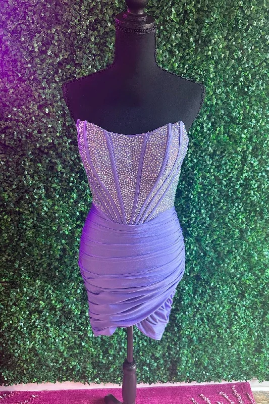 mini dressLavender Strapless Beaded Sheath Homecoming Dress