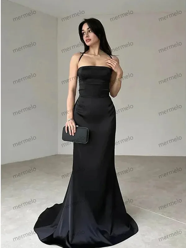 fitted cocktail dressBlack Satin Mermaid Straps Long Formal Dress, Black Satin Prom Dress